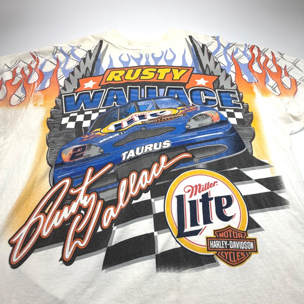 Vintage Rusty Wallace Miller Lite NASCAR Tee XL Flames Chase Authentics